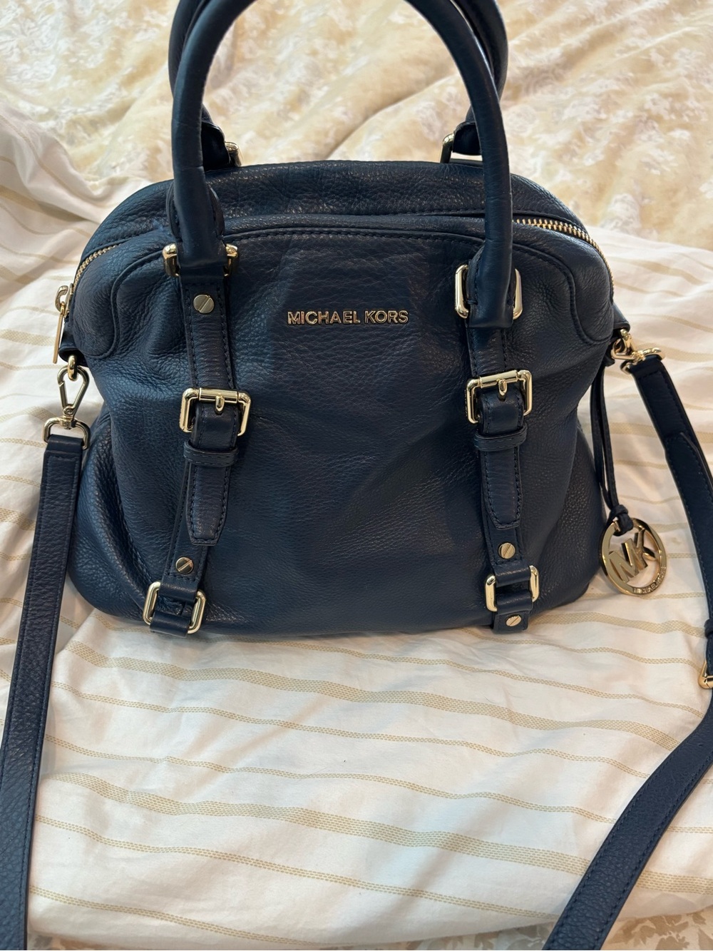 Michael Kors Navy Leather Satchel with Gold Hardware